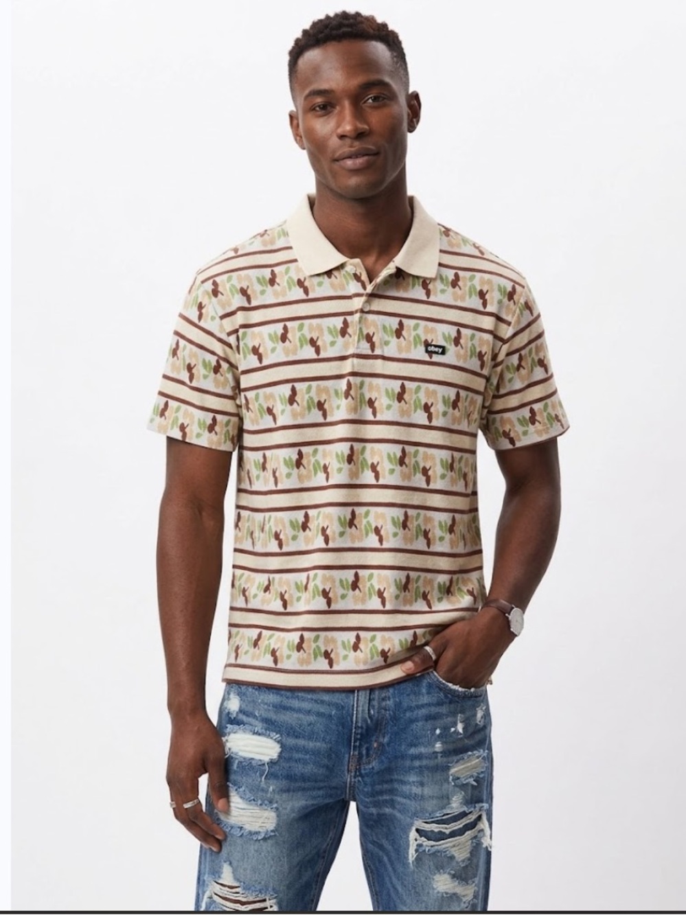 Obey Pressed Jacquard Polo in White Cap Multi - Size Small
